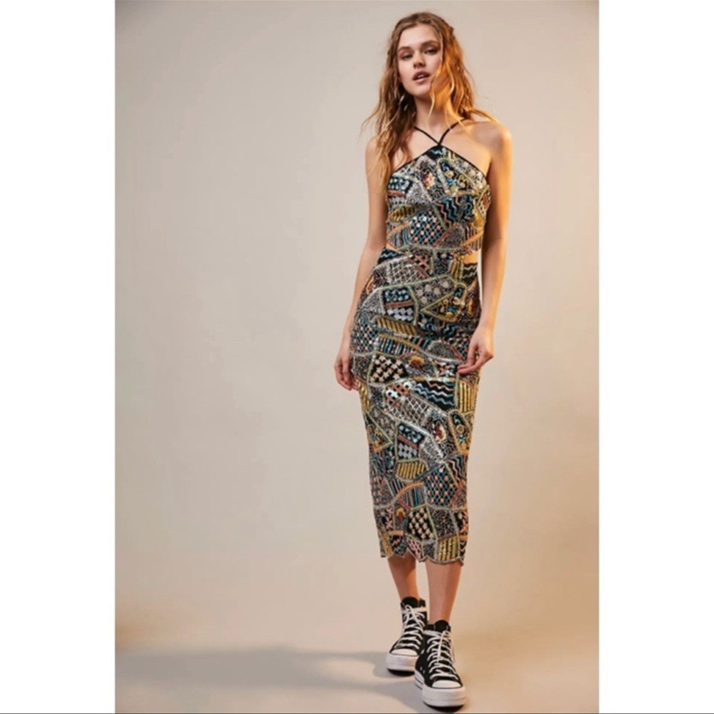 ELLIATT x Free People Mauritius Midi Dress Sequence Beaded Gown Cut Outs